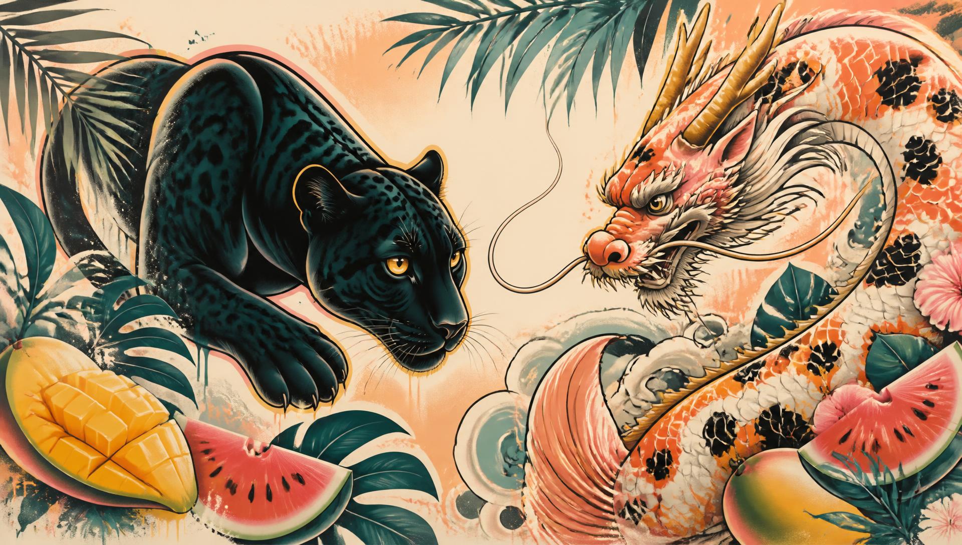 Tropical street art mural with a panther and dragon